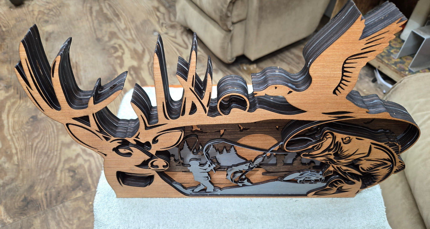 Decorative wooden Bass, Deer, Duck Frame Design with 7-Layers of Detail.
L x W x H = 18in x 1.5in x 11in