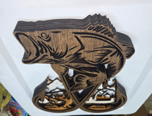 Decorative wooden Bass 2 Hook Frame Design with 6-Layers of Detail.
L x W x H = 11in x 1.25in x 15in