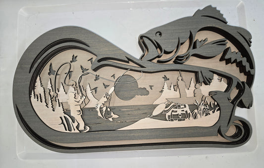 Decorative wooden Bass 1 Hook Frame Design with 7-Layers of Detail.
L x W x H = 18in x 1.5in x 11in