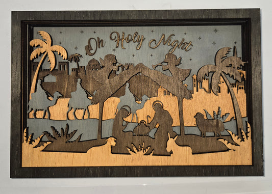 Wooden Nativity Christmas decoration 7-Layered scene cutout with 'Oh Holy Night' text on a Dark Gray background.
L x W x H = 11in x 1.5in x 7.25in