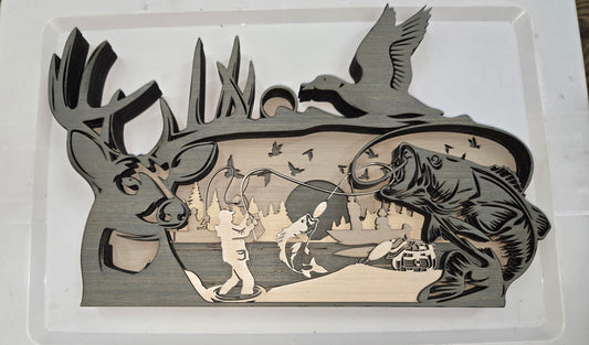 Decorative wooden Bass, Deer, Duck Frame Design with 7-Layers of Detail.
L x W x H = 18in x 1.5in x 11in
