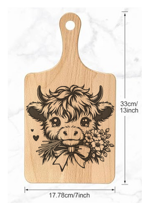 Wooden Beech Wood cutting board with a Laser Engraved Highland Cow