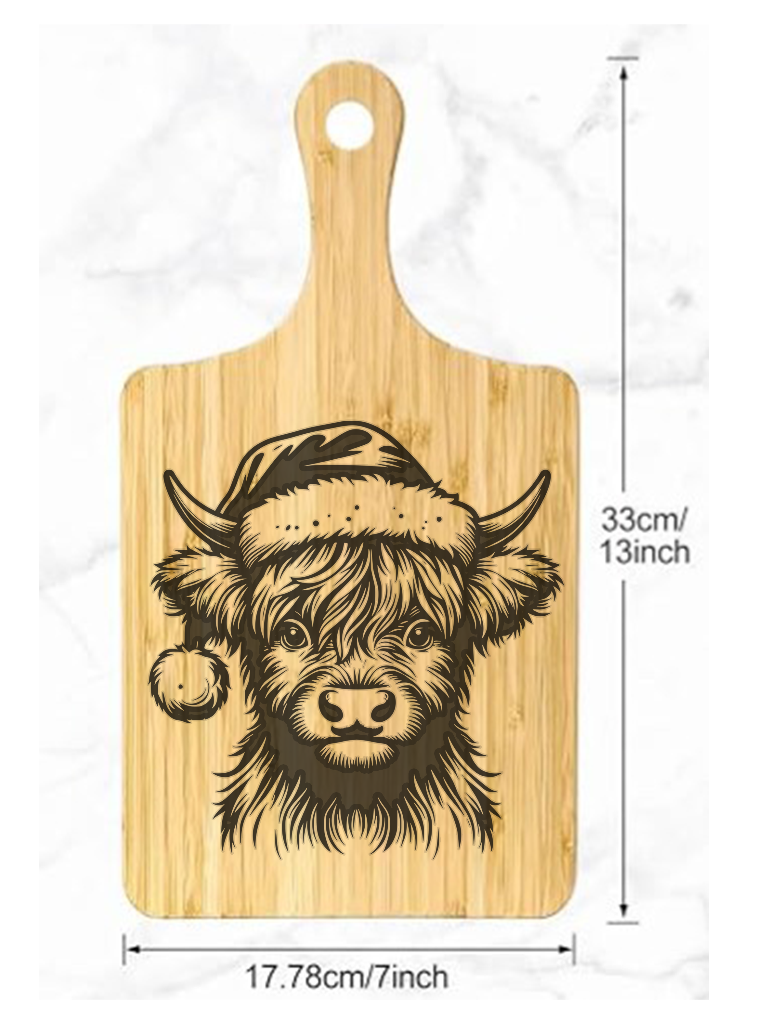 Wooden Bamboo cutting board with a Laser Engraved Highland Cow
