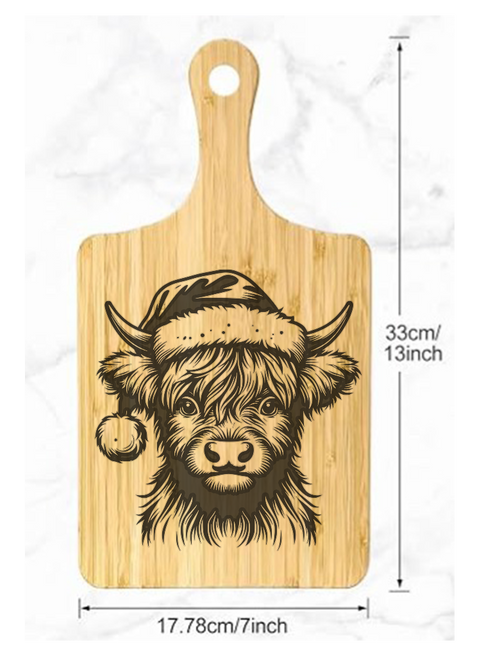 Wooden Bamboo cutting board with a Laser Engraved Highland Cow