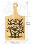 Wooden Bamboo cutting board with a Laser Engraved Highland Cow
