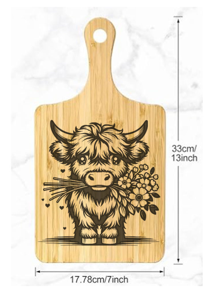 Wooden Bamboo cutting board with a Laser Engraved Highland Cow