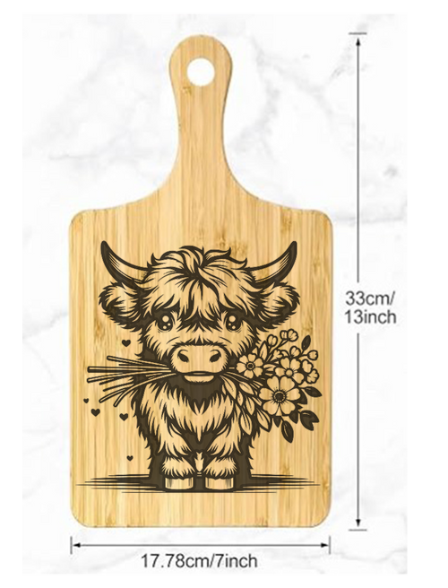 Wooden Bamboo cutting board with a Laser Engraved Highland Cow