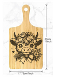 Wooden Bamboo cutting board with a Laser Engraved Highland Cow