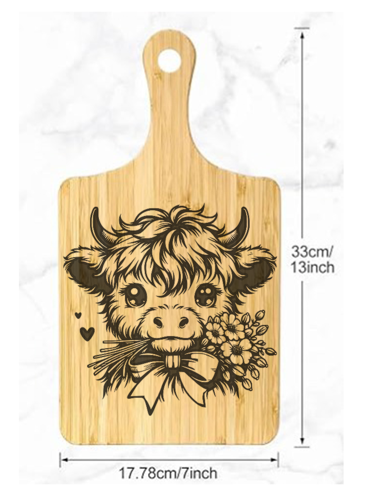 Wooden Bamboo cutting board with a Laser Engraved Highland Cow