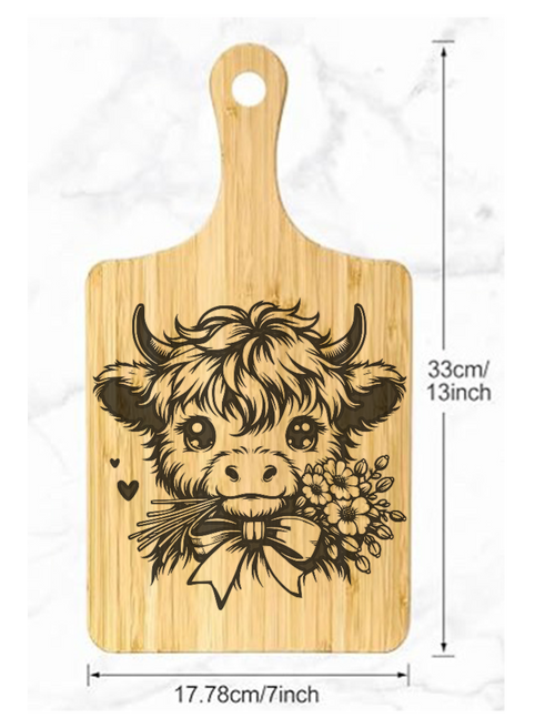 Wooden Bamboo cutting board with a Laser Engraved Highland Cow