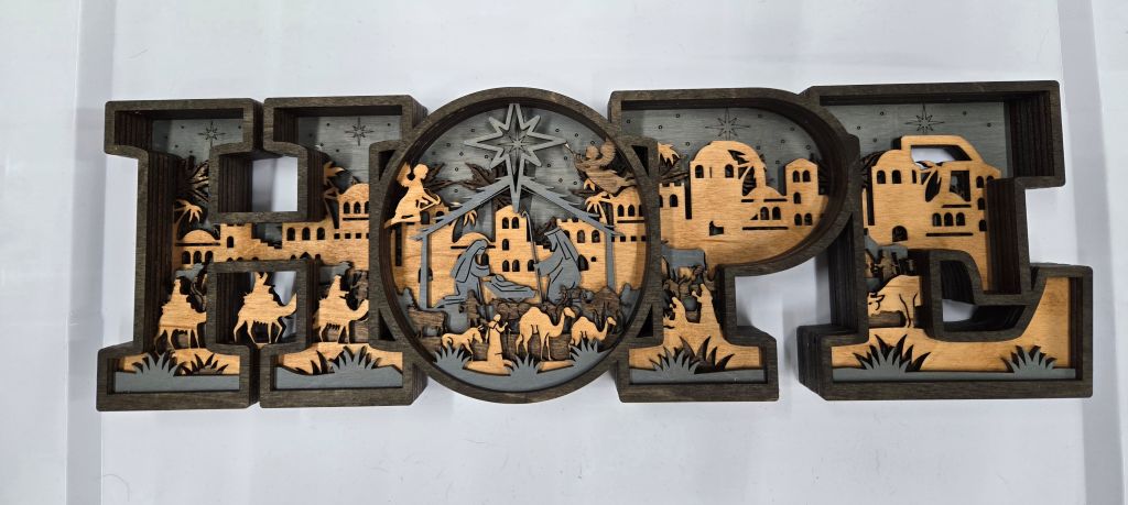 Decorative wooden 'HOPE' Frame Design with Christmas nativity scene with 7-Layers

L x W x H = 17in x 1.5in x 5.5in