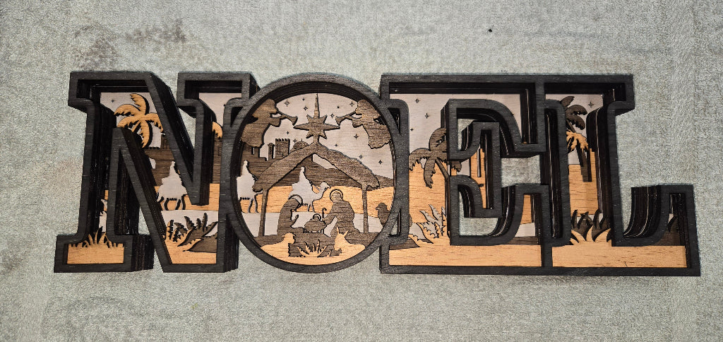 Decorative wooden 'NOEL' sign with Christmas nativity scene with 7-Layers