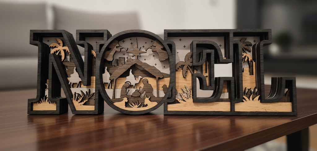 Decorative wooden 'NOEL' sign with Christmas nativity scene with 7-Layers