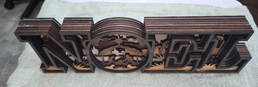Decorative wooden 'NOEL' sign with Christmas nativity scene with 7-Layers