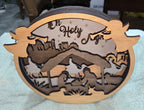 Wooden Nativity Christmas decoration 6-Layered scene with 'Oh Holy Night' text on a gray background