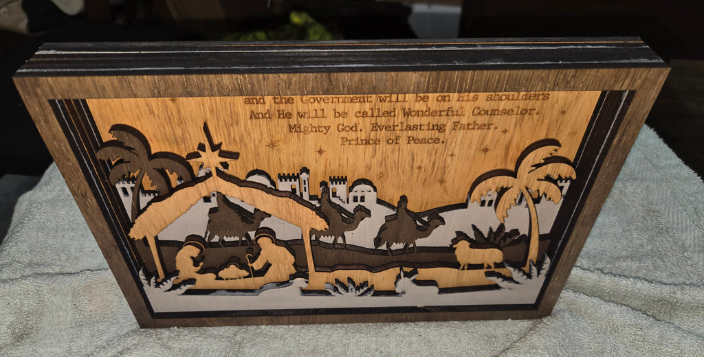 Wooden Nativity Christmas decoration 6-Layered scene cutout&nbsp; with 'Child Is Born' text on a gray background

L x W x H = 11in x 1.25in x 7.25in