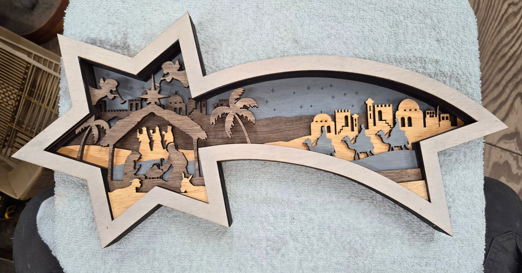 Wooden Nativity Christmas decoration 7-Layered scene cutout with a Shooting Star Frame and gray background

L x W x H = 18.5in x 1.5in x 8in
