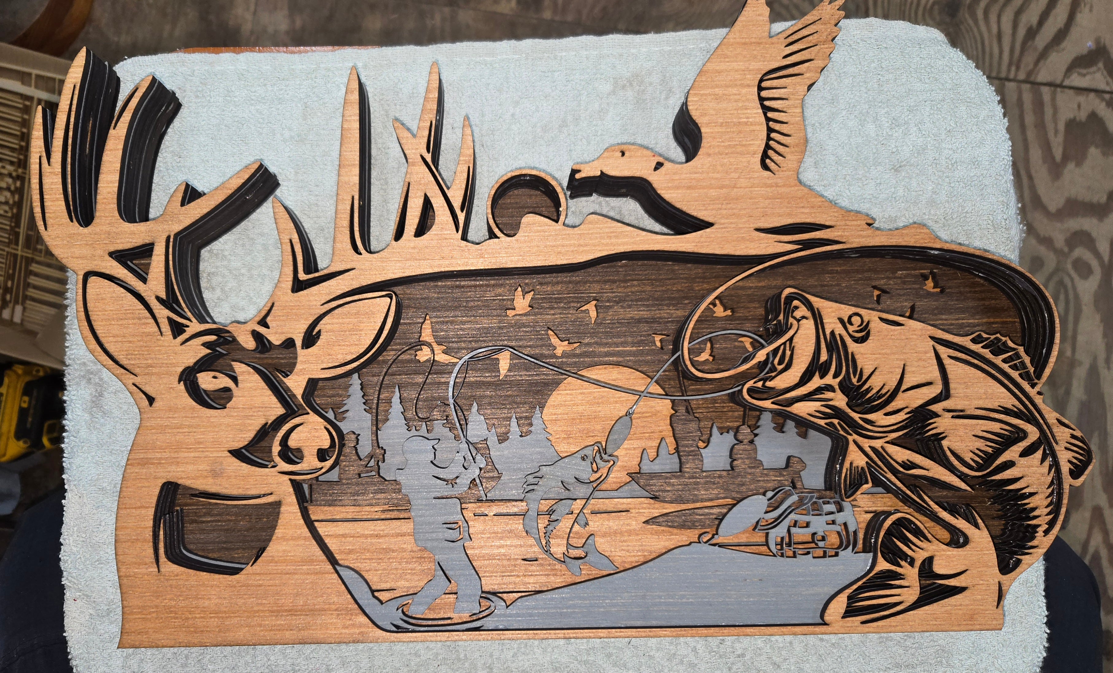 Decorative wooden Bass, Deer, Duck Frame Design&nbsp; with 7-Layers of Detail.

L x W x H = 18in x 1.5in x 11in
