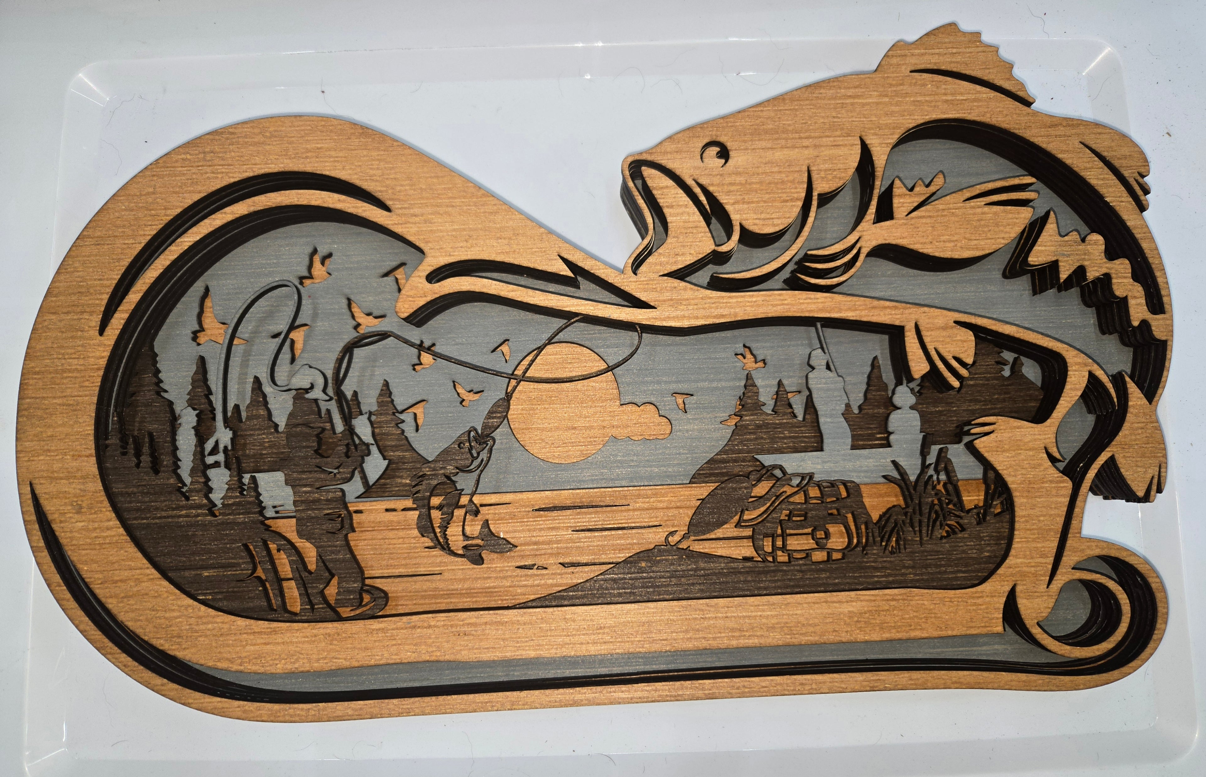 Decorative wooden Bass 1 Hook Frame Design with 7-Layers of Detail.

L x W x H = 18in x 1.5in x 11in