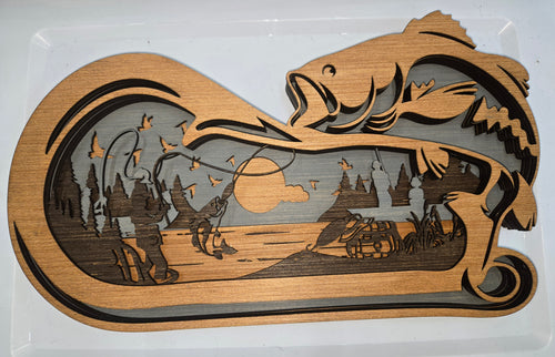 Decorative wooden Bass 1 Hook Frame Design with 7-Layers of Detail.

L x W x H = 18in x 1.5in x 11in