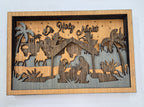 Wooden Nativity Christmas decoration 7-Layered scene cutout with 'Oh Holy Night' text with Brown background.

L x W x H = 11in x 1.5in x 7.25in