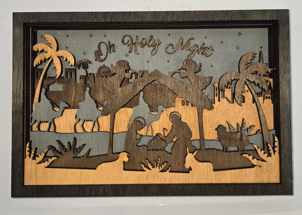 Wooden Nativity Christmas decoration 7-Layered scene cutout with 'Oh Holy Night' text on a Dark Gray background.

L x W x H = 11in x 1.5in x 7.25in