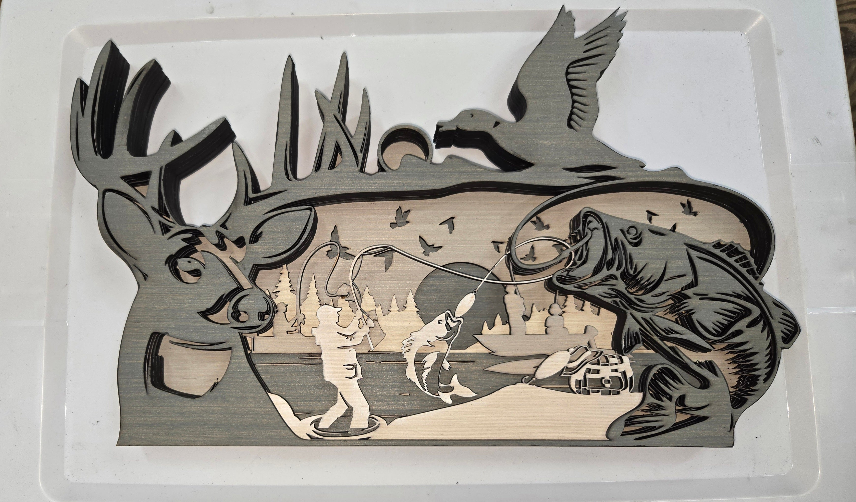 Decorative wooden Bass, Deer, Duck Frame Design&nbsp; with 7-Layers of Detail.

L x W x H = 18in x 1.5in x 11in