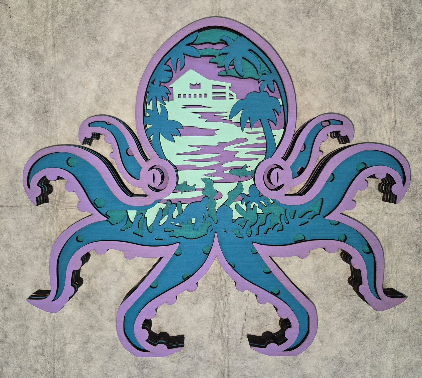 Multi-layered wall art that transcends traditional display limitations. This versatile multi-layered Octopus functions seamlessly as a standalone accent for tables, countertops, and mantles, or mounts elegantly on walls for dramatic visual impact. Crafted with dimensional layering that creates depth and sophistication, it adapts to any interior design scheme. Whether you're seeking a focal point for a shelf, a statement piece above a fireplace, or a gallery wall installation, this art delivers professional-