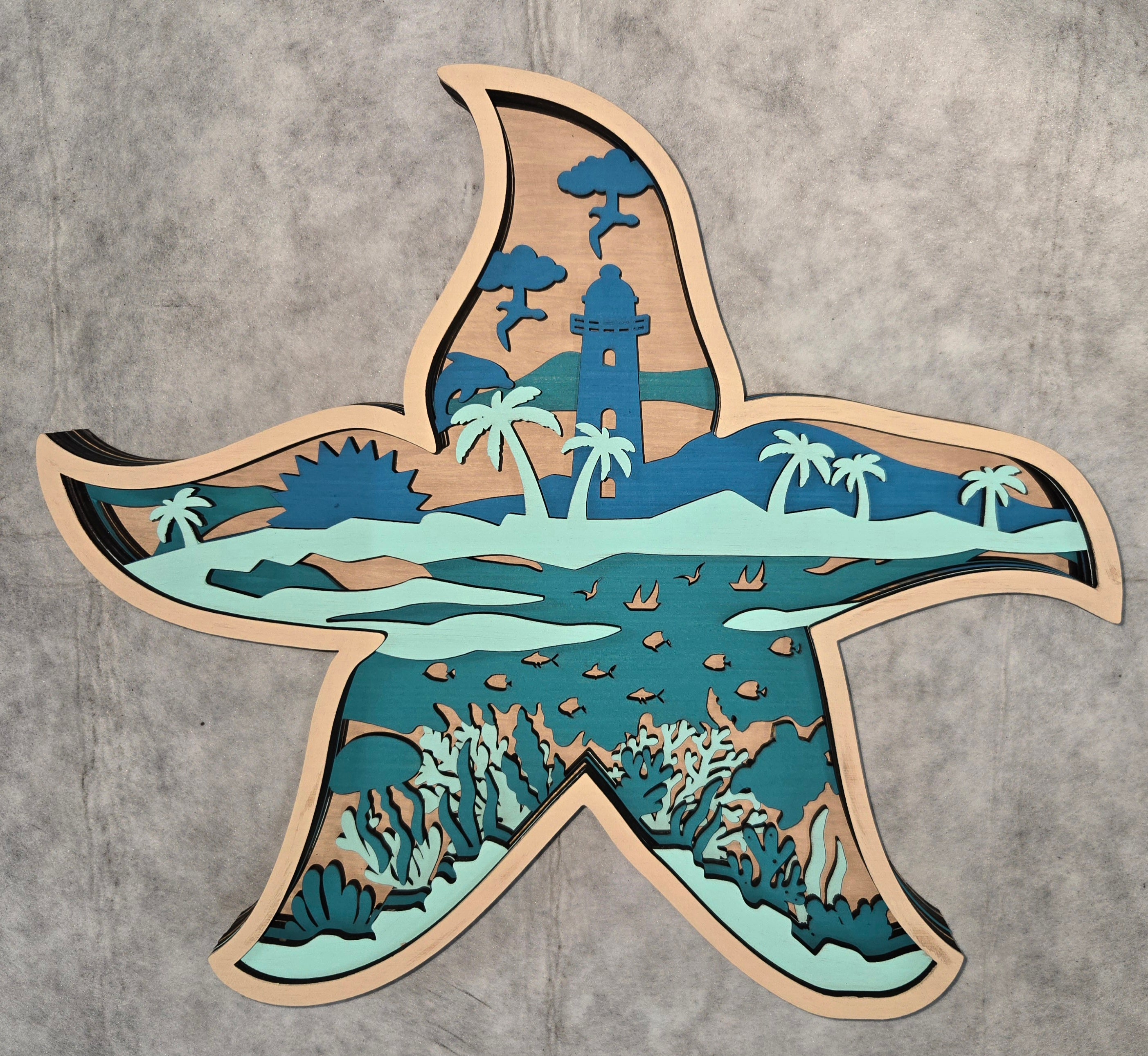 Multi-layered wall art that transcends traditional display limitations. This versatile multi-layered Starfish functions seamlessly as a standalone accent for tables, countertops, and mantles, or mounts elegantly on walls for dramatic visual impact. Crafted with dimensional layering that creates depth and sophistication, it adapts to any interior design scheme. Whether you're seeking a focal point for a shelf, a statement piece above a fireplace, or a gallery wall installation, this art delivers professional