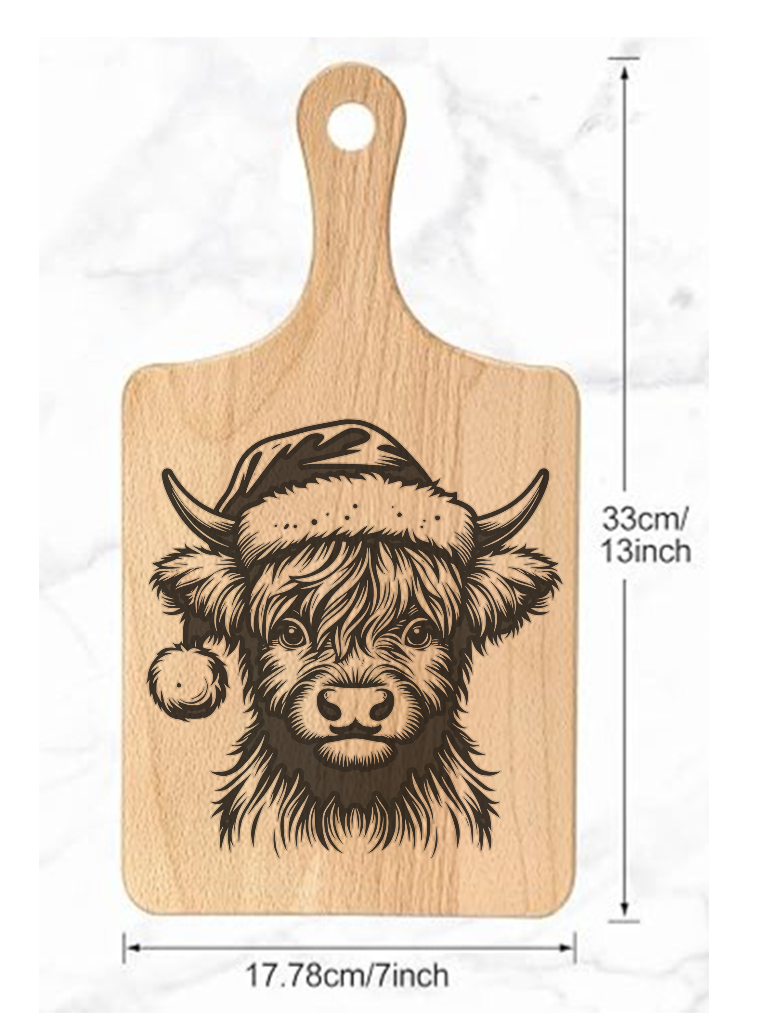 Wooden Beech Wood cutting board with a Laser Engraved Highland Cow