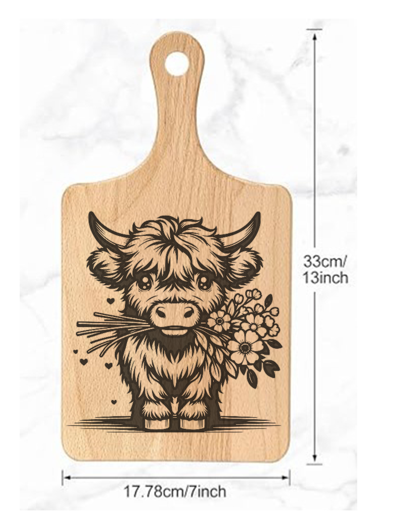 Wooden Beech Wood cutting board with a Laser Engraved Highland Cow