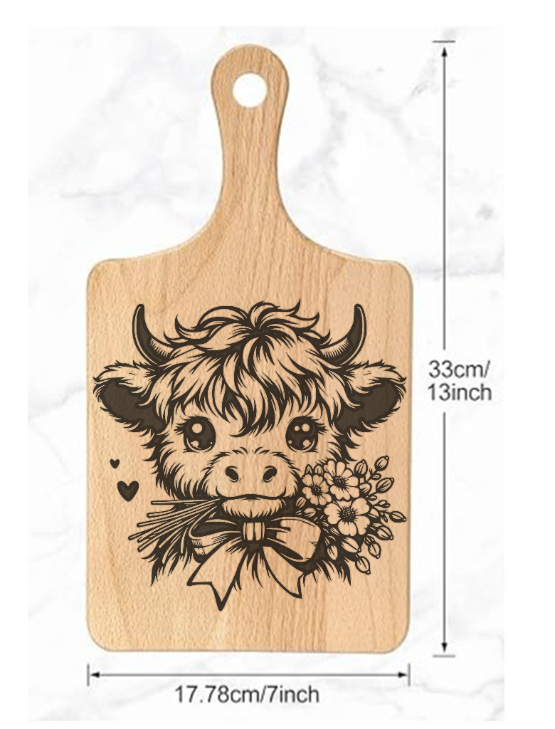 Wooden Beech Wood cutting board with a Laser Engraved Highland Cow